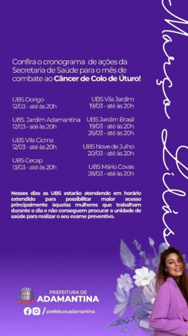 Campanha 'Março Lilás' promovida pela Secretaria de Saúde para mulheres continua nesta semana