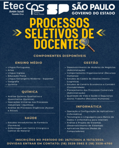 Etec Amim Jundi de Osvaldo Cruz abre Processos seletivos de docentes