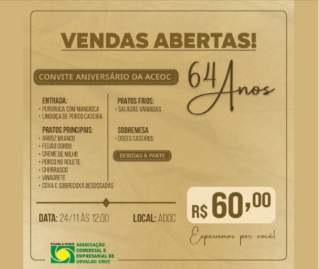 ACEOC comemora 64 anos com grande almoÃ§o neste domingo