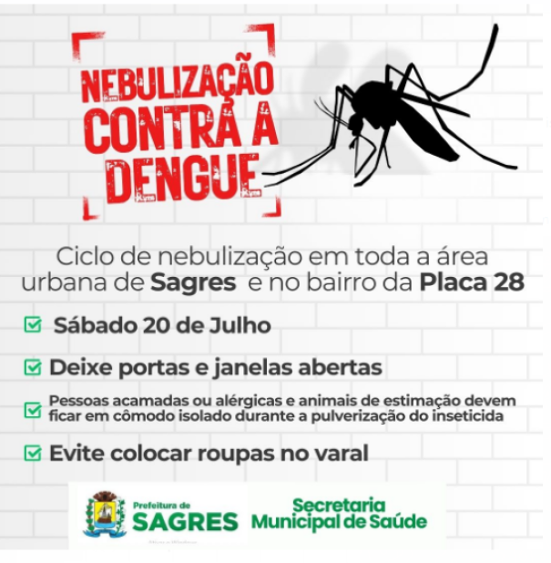 Sagres realiza nebulização contra a dengue no sábado