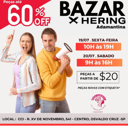Rede Feminina de Combate ao CÃ¢ncer de OC realiza Bazar de roupas novas neste final de semana em Osvaldo Cruz