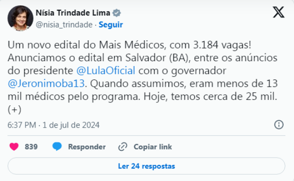 Mais Médicos terá novo edital com 3.184 vagas e direito a cotas