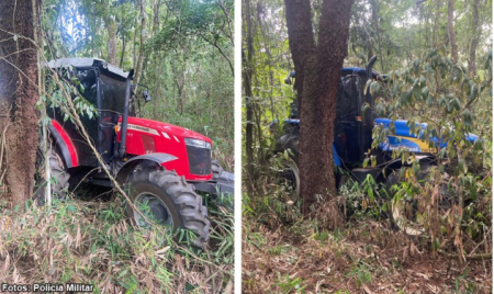 Tratores furtados sÃ£o localizados em mata prÃ³xima de vicinal que liga BorÃ¡ e Quintana