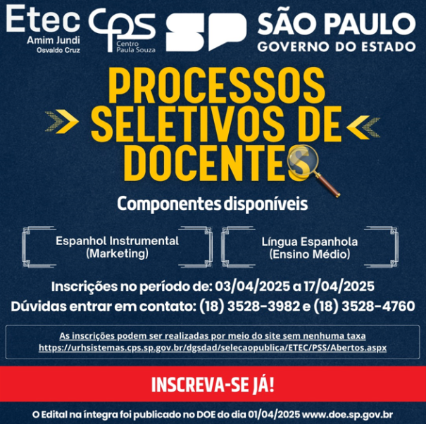 Etec Amim Jundi abre Processos Seletivos de Docentes 