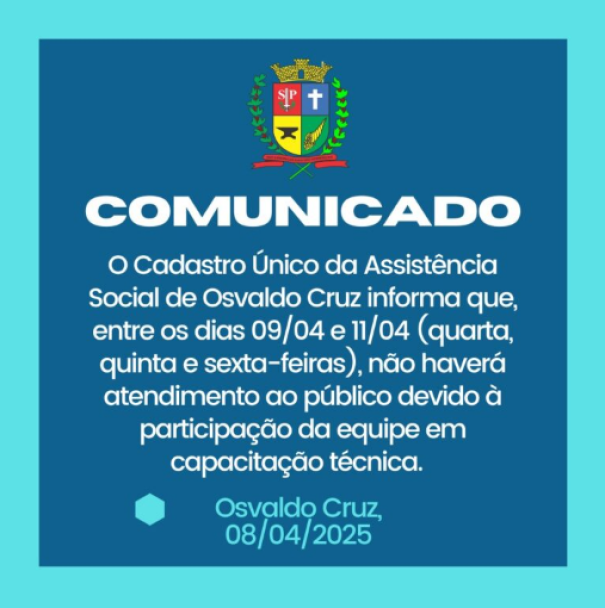 Setor de Cadastro Único de OC não terá atendimento ao público de hoje até sexta