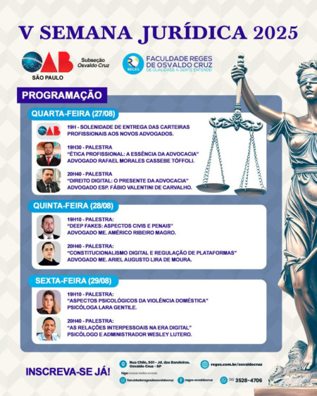 ComeÃ§a nesta quarta-feira(27) a 5Âª Semana JurÃ­dica da OAB de Osvaldo Cruz