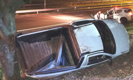 Carro sai da pista, tomba e deixa dois feridos na SP-294, em Dracena