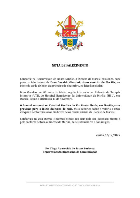 Morre Dom Osvaldo Giuntini, bispo emÃ©rito de MarÃ­lia, aos 89 anos