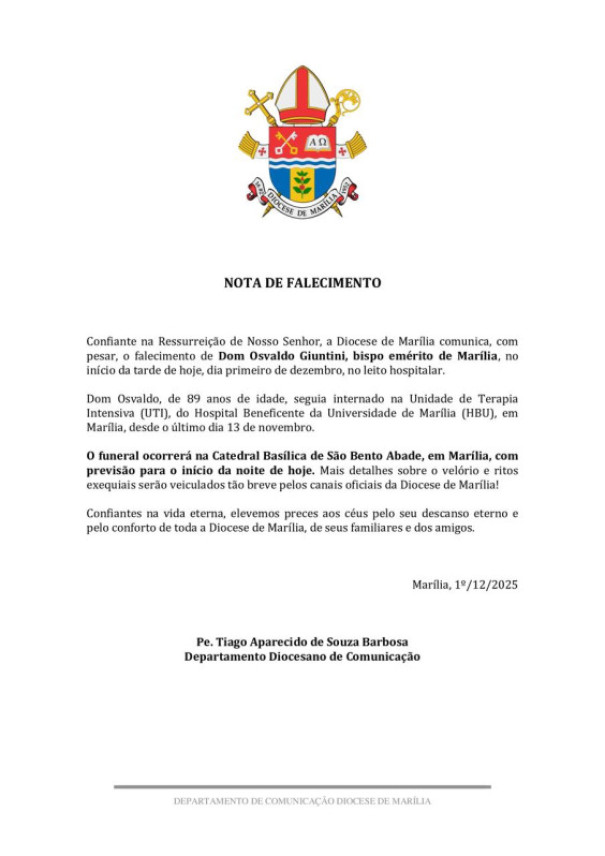 Morre Dom Osvaldo Giuntini, bispo emérito de Marília, aos 89 anos