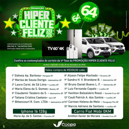 Campanha da Cocipa entrega carro zero e premia 17 cooperados