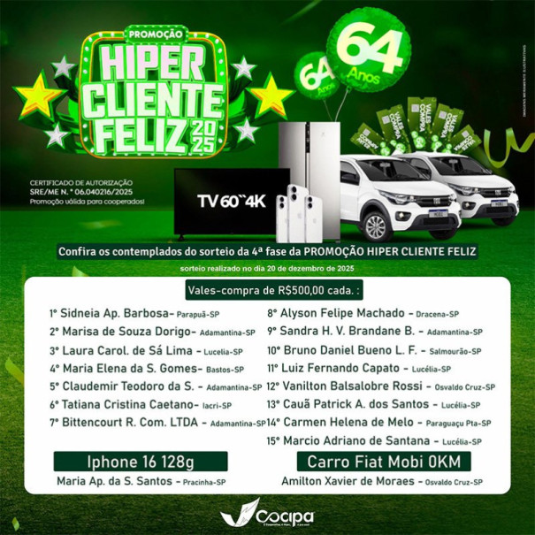 Campanha da Cocipa entrega carro zero e premia 17 cooperados