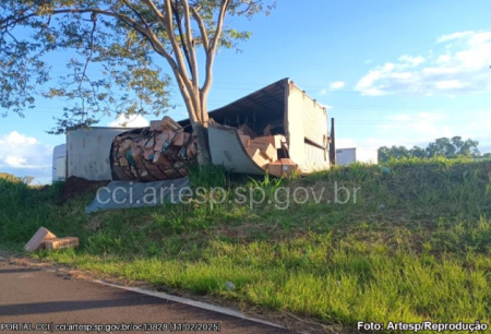 Motorista sofre ferimentos leves em tombamento de caminhÃ£o com carga de ovos