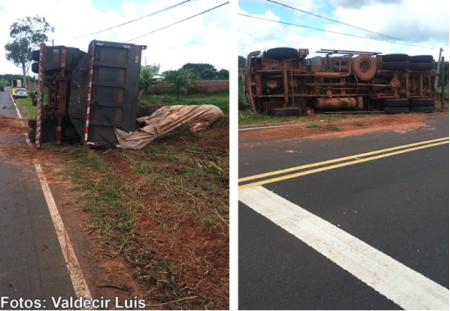 CaminhÃ£o tomba na vicinal Bastos - ParapuÃ£ e duas pessoas sofrem ferimentos leves