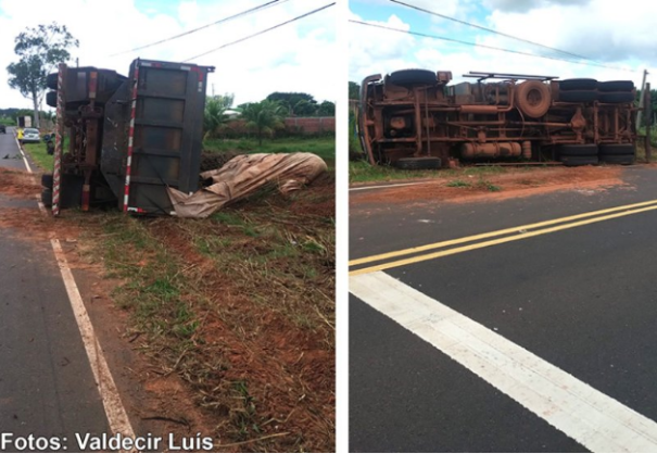 Caminhão tomba na vicinal Bastos - Parapuã e duas pessoas sofrem ferimentos leves
