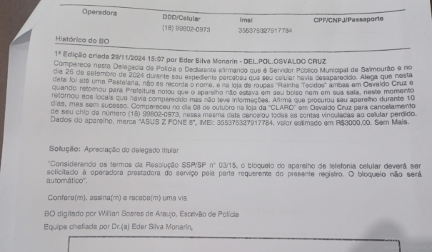 Furto de celular de marido da Prefeita de Salmourão leva Polícia Civil a cumprir mandados