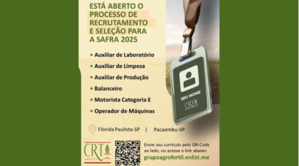 Em expansão, grupo com atuação no agronegócio tem vagas de trabalho em Pacaembu e Flórida Paulista