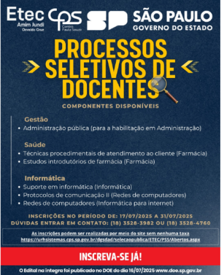 Processo seletivo para professor de Ensino MÃ©dio e TÃ©cnico