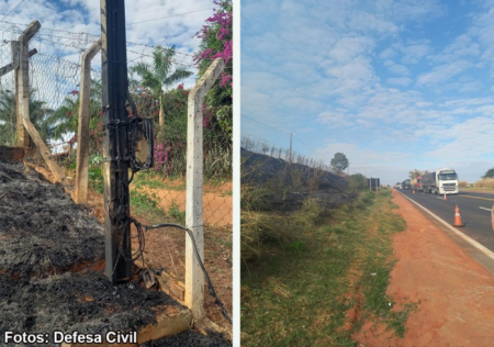 Equipe da Defesa Civil combate incÃªndio e evita que fogo se propagasse para propriedades Ã s margens da SP-457