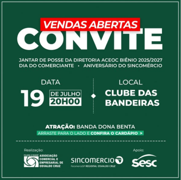 Nova diretoria da Aceoc toma posse neste sábado (19) num jantar dançante no Clube das Bandeiras