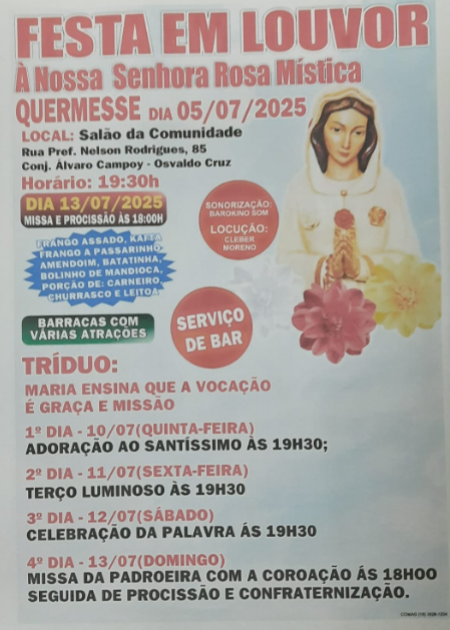 Comunidade Rosa MÃ­stica de Osvaldo Cruz estarÃ¡ em festa neste final de semana