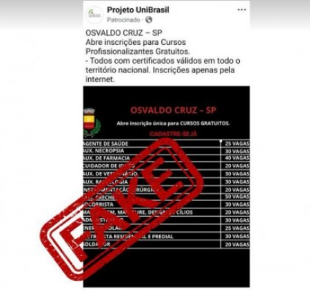 Prefeitura de Osvaldo Cruz desmente ligaÃ§Ã£o com cursos falsos divulgados online
