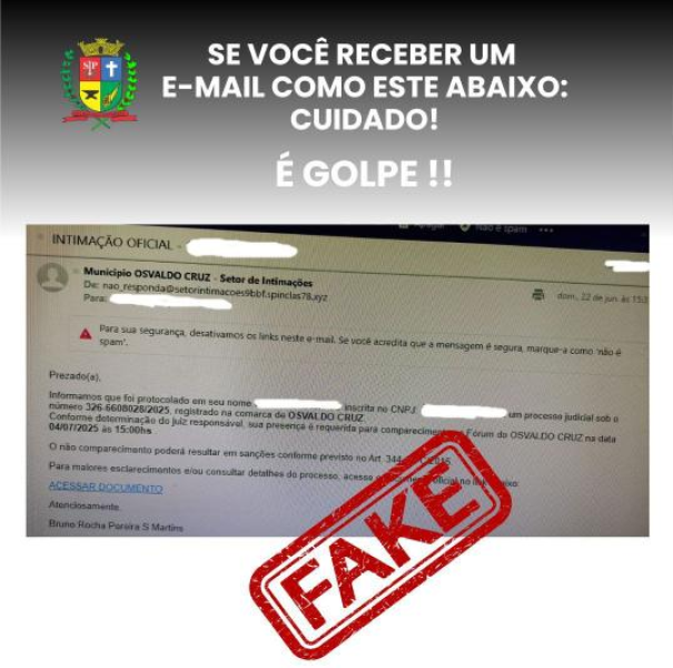 Prefeitura de Osvaldo Cruz alerta para e-mails falsos com golpes e vírus