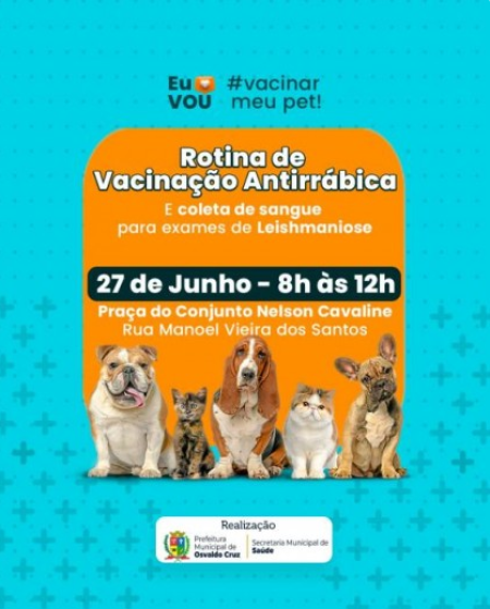VacinaÃ§Ã£o de cÃ£es e gatos acontece nesta sexta-feira, 27, no Conjunto Nelson Cavallini