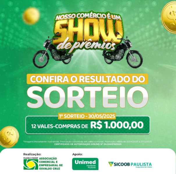 Confira o resultado do 1º sorteio da campanha ‘Nosso comércio é um show de prêmios’ da ACEOC