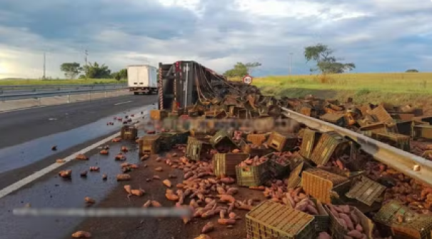 Carreta carregada com 30 toneladas de batata doce tomba e interdita rodovia no interior de SP