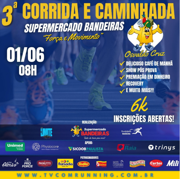 3º Corrida e Caminhada Força e Movimento do Supermercado Bandeiras acontece neste domingo, em OC