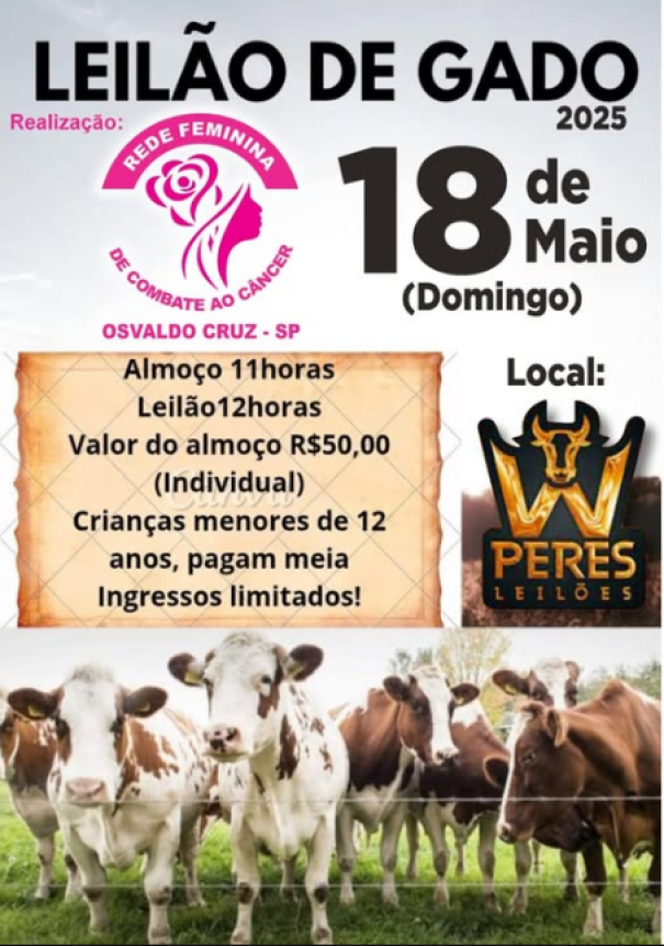 Rede Feminina de Combate ao Câncer de Osvaldo Cruz realiza tradicional Leilão de Gado neste domingo