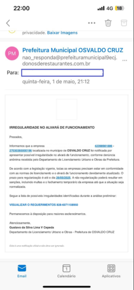 Alerta de e-mail falso em nome da Prefeitura de Osvaldo Cruz