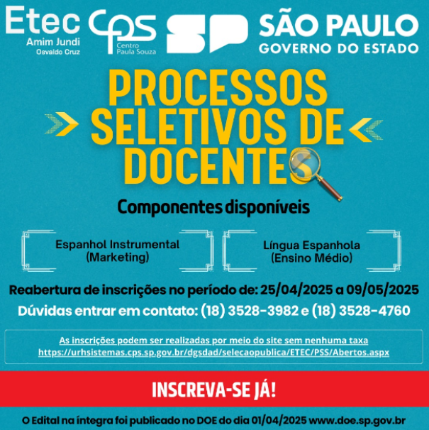 ETEC Amim Jundi está com Processos Seletivos de Docentes abertos