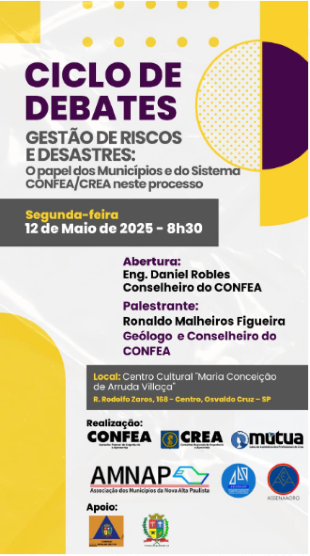 Encontro aborda papel dos municípios na gestão de riscos e desastres com apoio do Sistema Confea-Crea-Mútua em Osvaldo Cruz