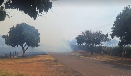 IncÃªndio atinge Ã¡rea prÃ³xima a fÃ¡brica e interdita rodovia em MartinÃ³polis