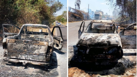 Picape pega fogo na BAS-050 e chamas se alastram para vegetaÃ§Ã£o Ã s margens da vicinal