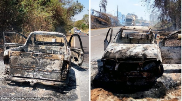 Picape pega fogo na BAS-050 e chamas se alastram para vegetação às margens da vicinal
