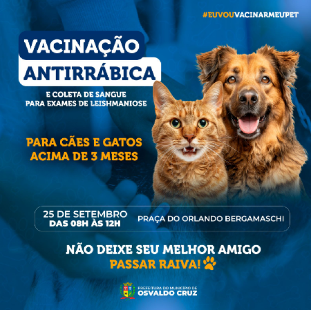 Vai acontecer em Osvaldo Cruz mais uma etapa da vacinação antirrábica animal
