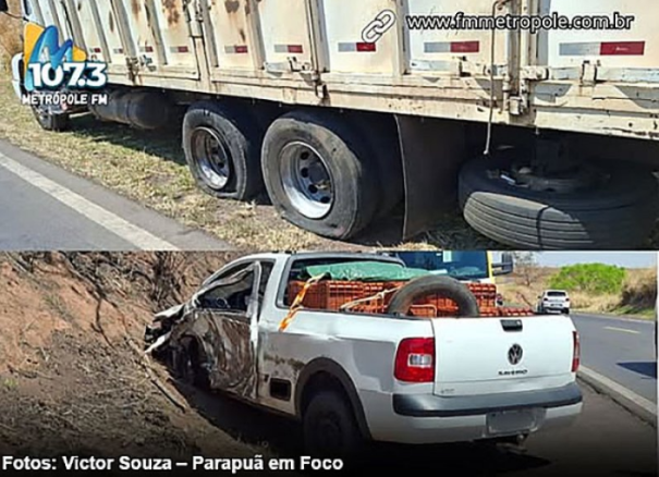 Saveiro colide com caminhão e deixa dois feridos em rodovia de Parapuã