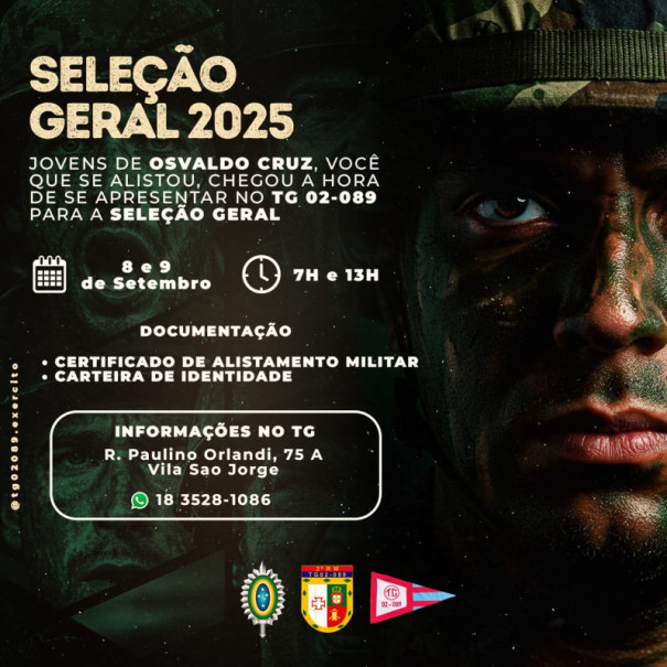 Jovens nascidos em 2007 devem se apresentar ao Tiro de Guerra , em Osvaldo Cruz