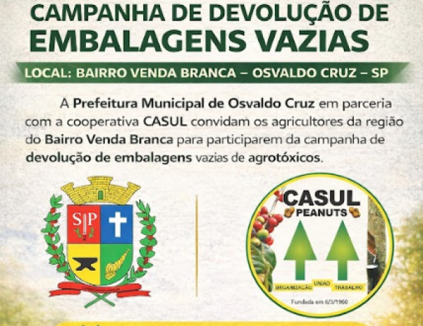 SAMA e Casul iniciam campanha para recolhimento de embalagens de agrotóxicos