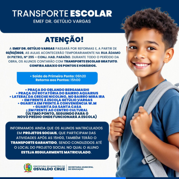 Educação de OC divulga pontos de embarque do transporte escolar para alunos da Escola Getúlio Vargas