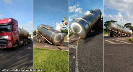 Semirreboque-tanque se solta de caminhÃ£o e provoca susto em rotatÃ³ria de Bastos