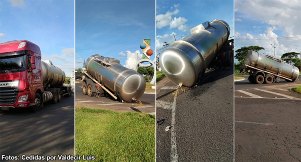 Semirreboque-tanque se solta de caminhão e provoca susto em rotatória de Bastos