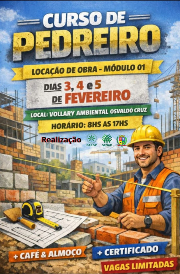 Prefeitura de Osvaldo Cruz, SENAR/SP e Faesp promovem curso gratuito de pedreiro