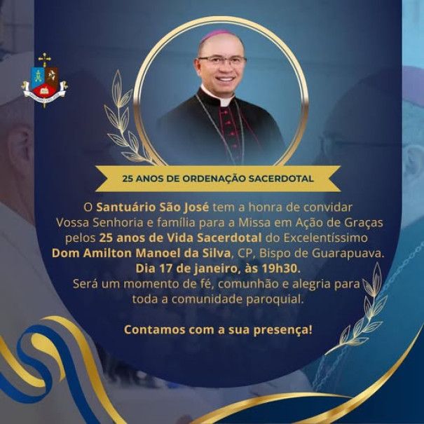 Missa de São Peregrino e comemoração dos 25 anos de ordenação de Dom Amilton acontecem neste final de semana em OC