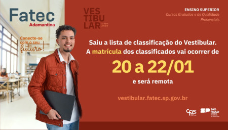 Fatec Adamantina divulga classificaÃ§Ã£o do Vestibular 2026 e abre perÃ­odo de matrÃ­cula on-line