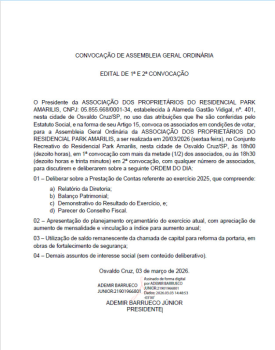 Assembleia da AssociaÃ§Ã£o do Residencial Park Amarilis serÃ¡ realizada no dia 20 de marÃ§o em Osvaldo Cruz