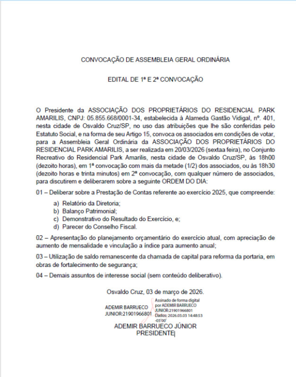 Assembleia da Associação do Residencial Park Amarilis será realizada no dia 20 de março em Osvaldo Cruz
