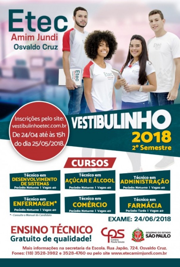 Etec Amim Jundi Centro Paula Souza anuncia inscries para o Vestibulinho 2 semestre 2018 